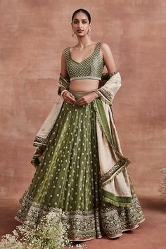 Olive 24 kali attached cancan lehenga with gold zari, cutdana, pearl embroidery in floral pattern. Paired with handwoven brocade padded blouse and dupatta embellished with zari and cut dana velvet border and green silk tissue frill. - Aza Fashions Embroidered Bridal Lehenga, Cancan Lehenga, Brocade Lehenga, Lehenga Pattern, Anamika Khanna, Diana Penty, Pearl Embroidery, Set Saree, Green Lehenga