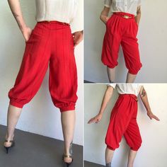 "Vintage knickerbockers high waist pants - Jean Claude Made in France 1970s Red pants with grey and gold stripes. Pleated at the waist. Knee length. Puffy legs with button on bottom. High waist with 2 buttons / zip closure . Braided belt in the same colores with gold buckle. 2 side pockets. In perfect condition. Size : FR36 US4 UK6 Our model wears usually a size S (UE36/38) and is 170cm/66,9\" tall. Measurements (flat): Waist: 30cm - 11,8\" Hips: 53cm - 20,8\" Front crotch: 35cm - 13,7\" Back cr Vintage Red Wide Leg Pants, Vintage High-waisted Red Pants, Retro Full-length Red Pants, Red Retro Full-length Pants, Vintage Red Full-length Pants, Harlem Pants, Pucci Vintage, Balloon Pants, Red Pants