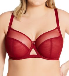 This mesh balcony bra has multi-part cups and a cutout at center front. Made of nylon and elastane. Multi-part, unlined (unpadded), underwire cup shapes and gives an uplifted, rounded look. Side support panels help center breasts and contain side tissue. Angled and vertical cup seams shape and lift. Tall, wide arched center panel with bow and silvertone hardware at top, and cutout at center. Mesh sides and back have sewn-on elastic at edges for a custom fit. Wide-set elastic straps adjust in the Open Cup Bras, Curvy Kate, Balcony Bra, Unlined Bra, Demi Bra, Plunge Bra, Bra And Panty Sets, T Shirt Bra, Hook Eye