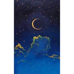 a painting of the night sky with stars and a crescent on it's side