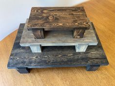 a wooden step stool sitting on top of a hard wood floor