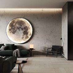 a living room filled with furniture and a large moon hanging on the wall above it