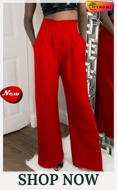 Wrinkled Solid Color Pocket Wide Leg Pants High Waist Wide Leg Trousers, Split Long Dress, Pleated Maxi Skirt, Red High, Jeans Material, Elastic Waist Pants, Casual Sets, Waist Pants, Casual Fall