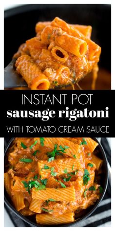 instant pot sausage ragini in a skillet with text overlay that reads instant pot sausage ragini