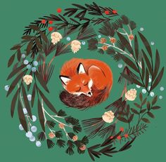 an illustration of a sleeping fox surrounded by leaves and flowers