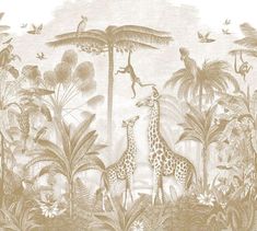 two giraffes are standing in the middle of a jungle with birds and palm trees