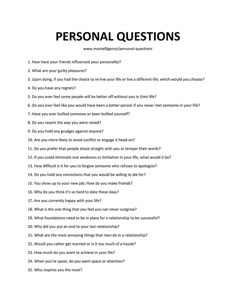 a question sheet with the words'personal questions'written in black and white on it