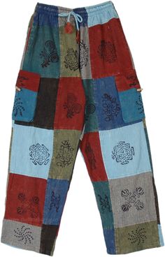 A beautiful pair of open-leg multi-color pants, a unique hippie statement piece to add to your wardrobe.  These hippie pants have a nice assorted set of stamps that increase their hippie quotient. #tlb #SplitSkirtsPants #Patchwork #Stonewash #Yoga #Striped #bohemianfashion #CottonHippiePatchworkPants Hippie Bottoms With Pockets For Festivals, Hippie Harem Pants With Pockets, Multicolor Harem Pants With Pockets For Festival, Hippie Multicolor Harem Pants With Pockets, Hippie Multicolor Harem Pants For Festivals, Multicolor Festival Bottoms With Pockets, Casual Multicolor Harem Pants For Festivals, Multicolor Hippie Harem Pants With Pockets, Multicolor Patchwork Bottoms For Festivals