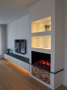 a living room with a fire place in it