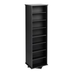 a black bookcase with five shelves on the bottom and one door open to show it's contents