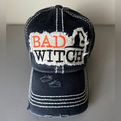 Kbethos Brand Halloween Bad Witch Baseball Cap Hat Black Fully Adjustable By Velcro Distressed Super Cute!! Bad Witch, The Worst Witch, Black Halloween, Baseball Cap, Caps Hats, Witch, Super Cute, Women Accessories, Baseball