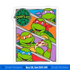 the teenage turtles sticker is shown in front of an image of them eating pizza