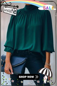 Fold Turtleneck Ruffled Blouse Top Trendy Stretch Blouse For Office, Green Ruffled Top For Office, Green Non-stretch Trendy Blouse, Green Ruffled Blouse For Fall, Green Ruffle Blouse For Fall, Stretch Ruffle Top For Office, Green Stretch Top For Office, Green Stretch Blouse For Work, Chic Non-stretch Green Blouse