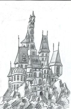 a drawing of a castle with turrets and towers