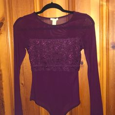 Dark Eggplant Colored Bodysuit, See Through, Never Worn Before Just Tried On. Fitted Purple Bodysuit With Lined Body, Purple Long Sleeve Bodysuit For Spring, Fitted Purple Bodysuit For Spring, Eggplant Color, Body Outfit, Mesh Bodysuit, Eggplant, Color Purple, Mesh