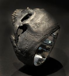 "Mens vintage Solid Sterling Silver 1/2 jaw skull ring. This is the half jaw version of the large full skull ring. This one has all 14 teeth (no wisdom teeth) and is totally anatomically correct.. Designed to be comfortably \"wearable\" with a low profile. Custom hand made by me to order and totally unique - no two are exactly alike. Made in my studio in California, USA - start to finish. This large skull ring looks like a found artifact from an archaeological dig -VERY COOL! Dark vintage patina Collectible Hand Cast Skull Rings, Black Hand Cast Skull Ring, Unique Hand Cast Skull Rings, Unique Hand Cast Black Skull Ring, Black Sterling Silver Skull Ring Hand Cast, Black Sterling Silver Hand Cast Skull Ring, Hand-cast Sterling Silver Black Skull Ring, Hand-cast Black Skull Ring In Sterling Silver, Goth Ring