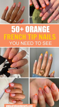 50+ Perfect Orange Tip Nail Designs That Are Really Trendy; bright nails ideas! This includes orange nails, orange nails acrylic, orange nails summer, orange nail designs, french tip nails, french tip nails orange, french tip ideas & more! This also includes orange nail art, orange nail ideas, orange nail designs, french tip with design, orange nails almond, orange nails square, bright nails, summer nails, french tip acrylic nails, french tip nail designs & more! #orangenails #frenchtipnails Orange French Tip Nail Designs, Orange Tip Nails Almond, Short Almond Nails Orange, Orange French Tip Nails Acrylics, Orange Tips Nails, Orange Tip Acrylic Nails, Burnt Orange French Tip Nails