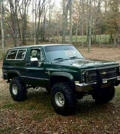 a green pick up truck parked in the woods