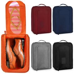 four pairs of shoes in an orange and blue case with zippers on each side