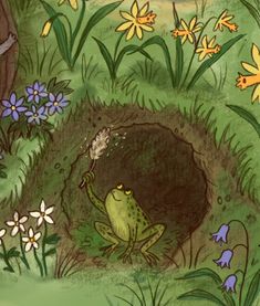 a frog is sitting in the middle of a hole with flowers and butterflies around it