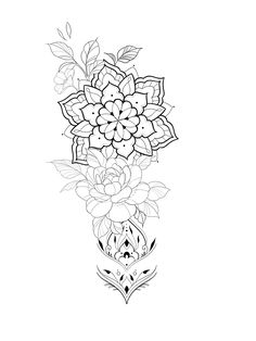 a black and white drawing of flowers with leaves on it's side, in the middle