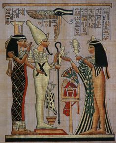 an egyptian painting with two women and one man