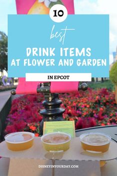 three cups of drink sitting on top of a table with the words best drink items at flower and garden in epcot