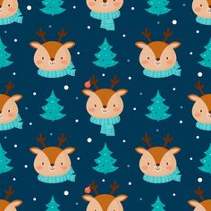 seamless pattern with deers and christmas trees on a blue background stock photo - budget conscious