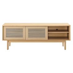 the sideboard is made from wood and has two doors on each side, one door open