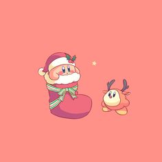 an image of santa claus and his little dog on pink background with stars in the sky