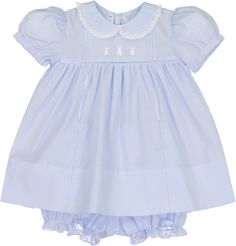 Meet the newest addition to our Easter line - this little girls Easter dress may be new, but it's as timeless as ever!Available in soft pink or blue colors, with adorable hand embroidered bunnies on the bodice, as well as dainty hand stitched pintucks. Features a sweet rounded collar with fluted lace trim, and short puff-sleeves that are perfect for the warm spring weather. Includes lace boring at the waist and down the skirt. (Sizes 12-24 months tie in the back with a sash.)Little girls in vint Fitted Short Sleeve Easter Dresses, Fitted Short Sleeve Dresses For Easter, Cute Baptism Dresses For Easter, Spring Embroidered Fitted Baptism Dress, Embroidered Fitted Baptism Dress For Summer, Fitted Cotton Baptism Dress For Spring, Summer Embroidered Fitted Baptism Dress, Fitted Embroidered Baptism Dress For Spring, Fitted Embroidered Spring Baptism Dress