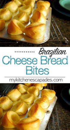 two pictures of bread rolls on top of a baking sheet with the words, brooklyn cheese bread bites