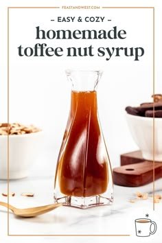 homemade toffee nut syrup in a glass carafe