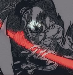 a drawing of a demon holding a red light saber in his right hand and looking at the camera