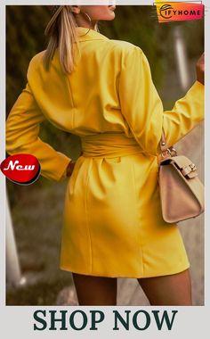 Yellow Long Sleeve Belted Blazer Dress Solid Mini Dress With Pockets For Fall, Mini Dress With Pockets For Work, Fitted Long Sleeve Belted Blazer Dress, Single Breasted Long Sleeve Mini Dress For Fall, Single-breasted Long Sleeve Mini Dress For Fall, Elegant Solid Mini Dress With Pockets, Spring Long Sleeve Belted Mini Dress, Fall Party Mini Dress, Single Breasted, Fall Party Mini Dress Single Breasted