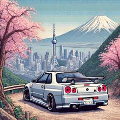 a painting of a car parked on the side of a road in front of a city