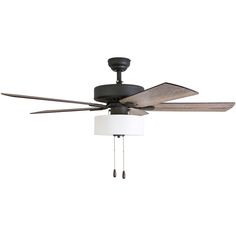 a ceiling fan with three blades and a white light fixture on it's side