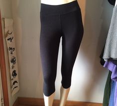 "These have been a highly requested item. These capri leggings are very versatile, and comfortable. They are made from our favorite 53% Hemp/ 42% Organic Cotton/ 5% Lycra heavy weight stretch jersey. They are a simple fitted cut with coverstitching. The waistband is 2 1/2\" wide and is designed to lay flat against your waistline. Preshrunk. Size Chart: S: Waist~28\"-31\" Hips~35\"-38\" Traditional sizes~4-6 M: Waist~32\"-34\" Hips~38\"-40\" Traditional sizes~8-10 L: Waist~34\"-36\" Hips~41\"-43\ Comfortable Fitted Leggings For Pilates, Comfortable Fitted Tights For Workout, Comfortable Fitted Workout Tights, High Stretch Yoga Capri Leggings, Fitted Capri Length Activewear For Yoga, Fitted Comfortable Fall Activewear, Fitted Capri Length Pants For Fall, Compression Capri Leggings For Yoga, High Stretch Capri Leggings For Sports