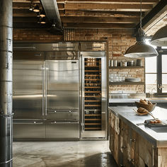 an industrial style kitchen with stainless steel appliances