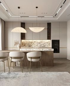 a modern kitchen with marble counter tops and white chairs