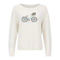 The first piece in the Bicycling in the South of France Collection, the Bicycle Cashmere Sweater is 100% premium, white cashmere. This luxurious sweater features an intarsia vintage bicycle with embroidered flower details. Subtle rhinestones highlight the flowers and are carefully placed on a wheel and pedal. This sweater features a boatneck neckline and a loose, cozy fit. Either dry clean or hand wash with a wool shampoo. If handwashing, use cool water and lay flat to dry away from heat sources. Cotton Crew Neck Sweater With Cat Design, Snowflake Cashmere, Luxury Fine Knit Cashmere Sweatshirt, White Bicycle, Graphic Cycling T-shirt With Crew Neck, Cotton Crew Neck T-shirt For Cycling, Luxury Resort Wear, Contemporary Wardrobe, Vintage Bicycle