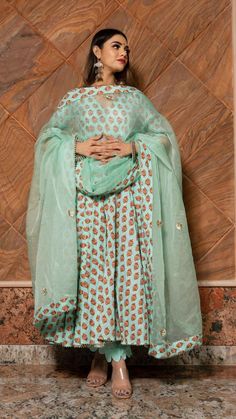 Lilly Of Valley Hand Block Anarkali Set online in USA | Free Shipping , Easy Returns - Fledgling Wings Block Print Anarkali, Printed Anarkali Suits, Vintage Closet, Anarkali Kurta, Green Hand, Anarkali Suit, Hand Block Print, Suit Set, Sea Green