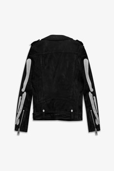 The SKELETON DEUCE BIKER Jacket is inspired by the original Perfecto Biker Jacket and embraces the rebellious attitude cultivated by its predecessor with an added contemporary edge. Cut in a perfected slim fit & crafted from a light weight, 100% lamb leather. Finished with signature hardware, a belted waist, shoulder vents and off white skeleton bones print.
 

The Sold-Out  Skeleton Deuce Biker Jacket is available in limited quantities to purchase for. PRE-ORDER NOW. Edgy Long Sleeve Outerwear For Motorcycling, Edgy Outerwear For Motorcycling, Alternative Black Leather Jacket For Streetwear, Rocker Style Outerwear For Fall Streetwear, Rocker Style Fall Outerwear For Streetwear, Black Moto Biker Jacket For Alternative Fashion, Rocker Leather Jacket For Fall Streetwear, Rocker Style Leather Jacket For Fall Streetwear, Rocker Style Leather Jacket For Fall