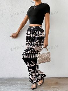 Bohemian High Waist Wide Leg Pants For Summer, Summer Bohemian High Waist Wide Leg Pants, Bohemian High-waist Bottoms For Vacation, Bohemian High Waist Bottoms For Vacation, Bohemian High Waist Pants With Elastic Waistband, Bohemian Black Pants For Vacation, Black Bohemian Pants For Vacation, Boho Print Harem Bottoms For Summer, Spring Boho Print Harem Bottoms