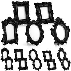 six black frames are arranged in the shape of an oval and rectangular frame, with four smaller ones on each side