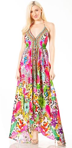 Sakkas Lizi 2 Women's Maxi High-Low Halter Handkerchief Dress Beach Party Vacation#color_512 Multicolor Print V-neck Summer Dress, Multicolor Print V-neck Beach Dress, Sleeveless Tropical Print Midi Dress For Beach, Floral Beachwear Midi Dress For Vacation, Tropical Printed Maxi Dress For Summer, Printed Tropical Maxi Dress For Summer, Summer Tropical Printed Maxi Dress, V-neck Tropical Print Beach Dress, Tropical Floral Print Vacation Dresses