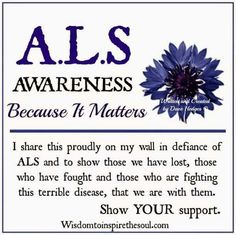 a blue flower with the words alss awareness and an image of a purple flower