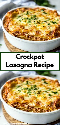 two images of crockpot lasagna recipe with cheese and herbs on top