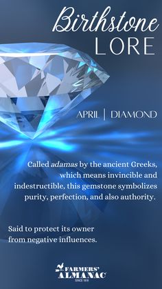 a blue diamond with the words birth stone lore on it's front and back cover