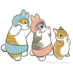 three cats standing next to each other with one holding the other's arm up